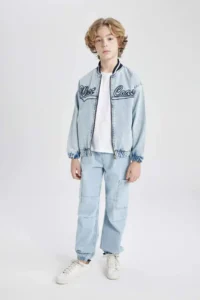 DeFacto College Collar Zippered Pocket Seasonal Printed Jean Bomber Jacket Boy - Image 2