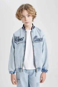 DeFacto College Collar Zippered Pocket Seasonal Printed Jean Bomber Jacket Boy - Image 3