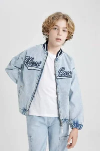 DeFacto College Collar Zippered Pocket Seasonal Printed Jean Bomber Jacket Boy - Image 4
