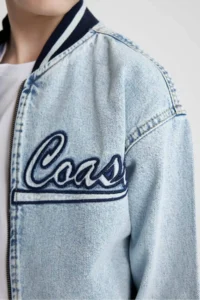 DeFacto College Collar Zippered Pocket Seasonal Printed Jean Bomber Jacket Boy - Image 5