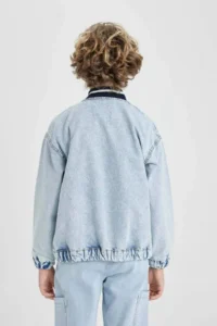 DeFacto College Collar Zippered Pocket Seasonal Printed Jean Bomber Jacket Boy - Image 6