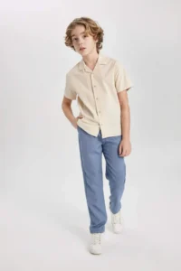 DeFacto Oversize Wide Fit Polo Neck Seersucker Textured Short Sleeve Shirt Boy - Image 5