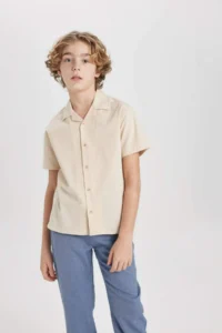 DeFacto Oversize Wide Fit Polo Neck Seersucker Textured Short Sleeve Shirt Boy - Image 6