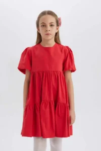 DeFacto New Season Girls' 23 April Children's Day Crew Neck Cotton Short Sleeve Red Dress - Image 7