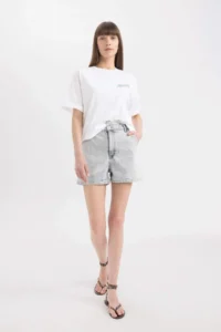 DeFacto Paperbag High Waist Fold-Ankle Jean Shorts - Image 2