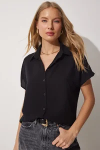 Happiness İstanbul Women Black Basic Viscose Shirt - Image 2