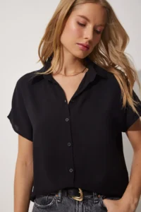 Happiness İstanbul Women Black Basic Viscose Shirt - Image 3