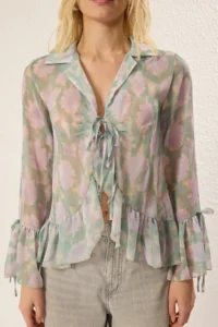 TRENDYOLMİLLA Multicolored tied up Weaving Shirt with Ruffle Detail on Front Body and Sleeve - Image 3