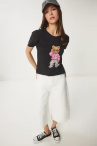 Happiness İstanbul Women's Black Stone Detailed Teddy Bear Printed Knitted T-Shirt