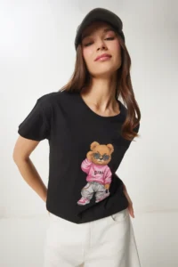 Happiness İstanbul Women's Black Stone Detailed Teddy Bear Printed Knitted T-Shirt - Image 2