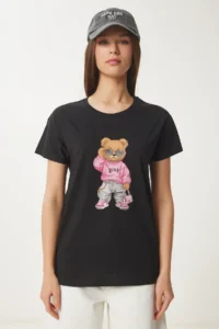 Happiness İstanbul Women's Black Stone Detailed Teddy Bear Printed Knitted T-Shirt - Image 3