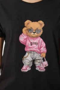 Happiness İstanbul Women's Black Stone Detailed Teddy Bear Printed Knitted T-Shirt - Image 4