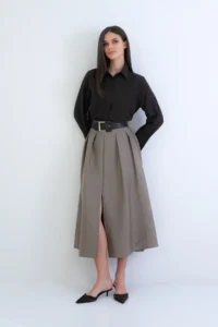 Trend Alaçatı Stili Women's Khaki Thick Belted Zipper Slit Detailed Pleated Midi Length Taffeta Skirt Alc-X15258 - Image 4