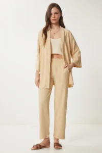 Happiness İstanbul Women Cream Kimono Pants Knitting Set - Image 2
