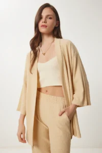 Happiness İstanbul Women Cream Kimono Pants Knitting Set - Image 3