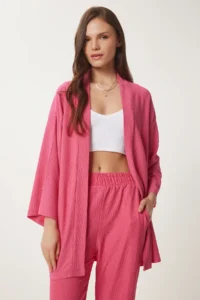 Happiness İstanbul Women's Dark Pink Kimono Pants Knitted Set - Image 2