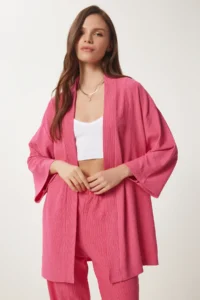 Happiness İstanbul Women's Dark Pink Kimono Pants Knitted Set - Image 3