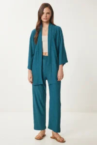 Happiness İstanbul Women's Emerald Green Kimono Pants Knitted Set - Image 2