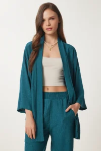 Happiness İstanbul Women's Emerald Green Kimono Pants Knitted Set - Image 3