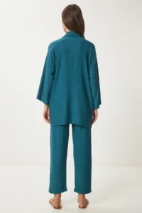 Happiness İstanbul Women's Emerald Green Kimono Pants Knitted Set - Image 8