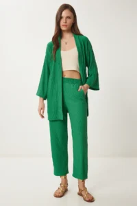Happiness İstanbul Women Green Kimono Pants Knitting Set - Image 2