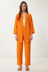 Happiness İstanbul Women orange Kimono Pants Knitting Set - Image 2