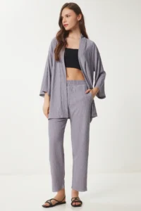 Happiness İstanbul Women's Stone Gray Kimono Pants Knitted Set