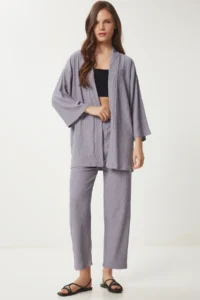 Happiness İstanbul Women's Stone Gray Kimono Pants Knitted Set - Image 2