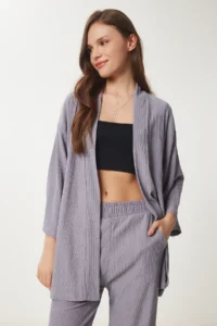 Happiness İstanbul Women's Stone Gray Kimono Pants Knitted Set - Image 3