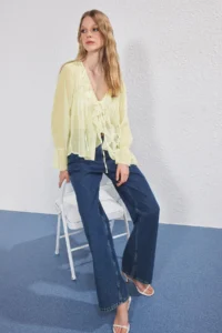 TRENDYOLMİLLA Light Yellow Boho Siphon Ruffle and Tire Detailed Shirt