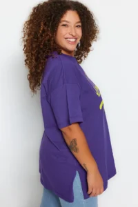 Trendyol Curve Purple Wide Pattern Crew Neck Printed 100% Cotton Knitting T-Shirt - Image 5