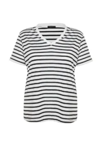 Trendyol Curve Black-White Striped V -Yaka Knitting T-Shirt - Image 6