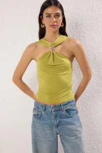 TRENDYOLMİLLA Oil Green Accessory Detailed Shirred Flexible Knitting Blouse