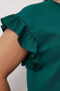 Trendyol Curve Emerald Green Crew Neck Sleeves Frilly 100% Cotton Knitting T-Shirt - Image 3