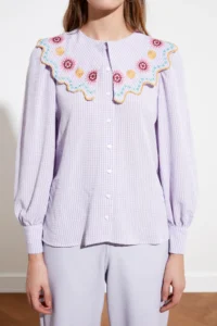 TRENDYOLMİLLA Lilac Embroidery Detailed seersucker Material Regular Normal Pattern Weaving Shirt - Image 4