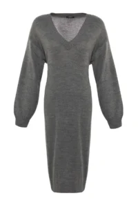 TRENDYOLMİLLA Anthracite Maxi Knitwear Wide Pattern Dress - Image 6