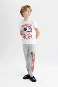DeFacto Boy's Pajama Set Crew Neck Printed Short Sleeve Top Long Bottom