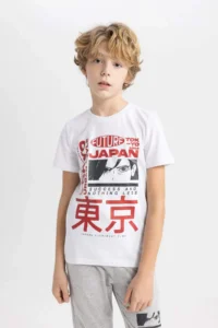 DeFacto Boy's Pajama Set Crew Neck Printed Short Sleeve Top Long Bottom - Image 2