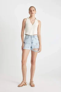 DeFacto Mom Fit High Waist Cut Out Jean Shorts - Image 3