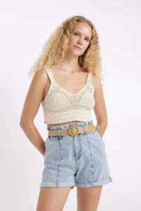 DeFacto Paperbag High Waist Fold-Ankle Jean Shorts - Image 4