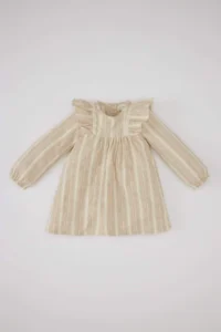 DeFacto Baby Girl Striped Long Sleeve Linen Look Dress