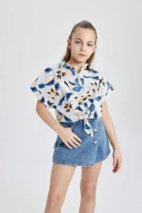 DeFacto Crop Patterned Cotton Short Sleeve Shirt Girl