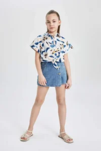 DeFacto Crop Patterned Cotton Short Sleeve Shirt Girl - Image 2