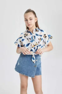 DeFacto Crop Patterned Cotton Short Sleeve Shirt Girl - Image 3