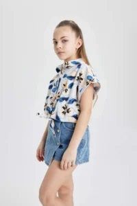 DeFacto Crop Patterned Cotton Short Sleeve Shirt Girl - Image 4