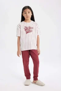 DeFacto Girl's Pajama Set Striped Printed Short Sleeve Top with Elastic Waist Long Bottom - Image 2