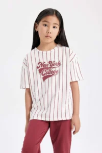 DeFacto Girl's Pajama Set Striped Printed Short Sleeve Top with Elastic Waist Long Bottom - Image 3