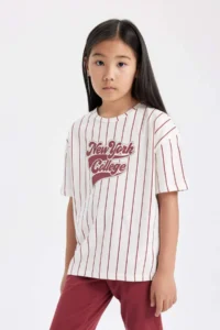 DeFacto Girl's Pajama Set Striped Printed Short Sleeve Top with Elastic Waist Long Bottom - Image 4