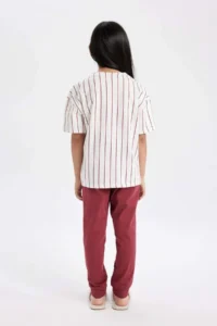 DeFacto Girl's Pajama Set Striped Printed Short Sleeve Top with Elastic Waist Long Bottom - Image 6