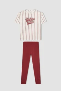 DeFacto Girl's Pajama Set Striped Printed Short Sleeve Top with Elastic Waist Long Bottom - Image 7